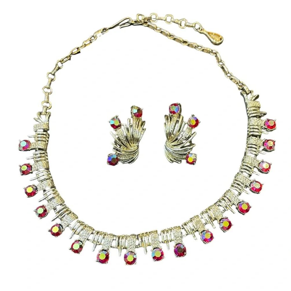 Vintage Coro Aurora Red Crystal Necklace and Clip Earrings Set Silver Tone